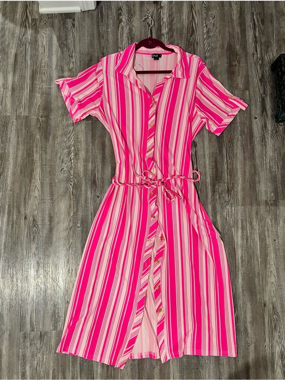 Love Pink Striped Midi Shirt Dress with Tie Waist - Picture 3 of 4